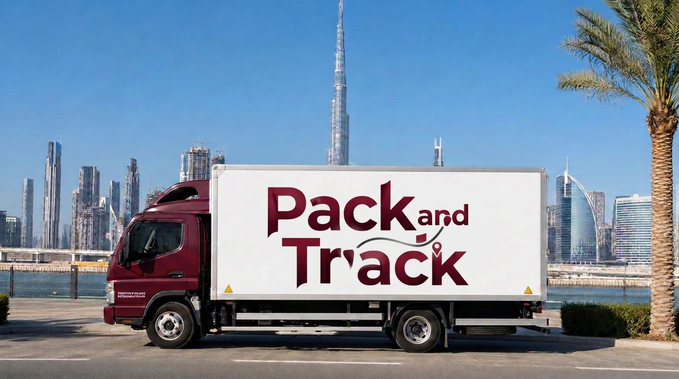 Pack and Track branded moving truck in Dubai with Burj Khalifa skyline