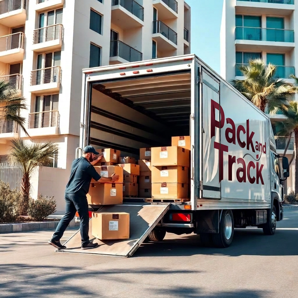 Pack and Track branded moving truck loading in Dubai